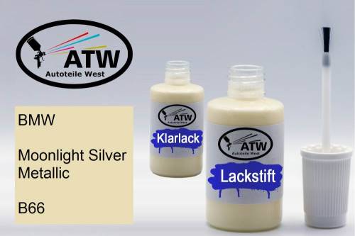 BMW, Moonlight Silver Metallic, B66: 20ml Lackstift + 20ml Klarlack - Set, von ATW Autoteile West.